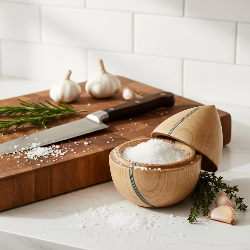 Boîte à sel en merisier avec inclusions de placage